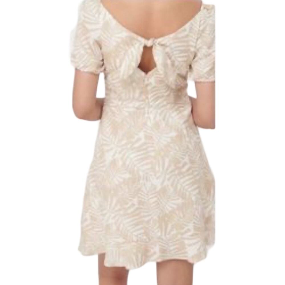 Ann Taylor LOFT Tan Palm Leaf Linen Square Neck Puff Sleeve Dress sz 12 NEW Tags